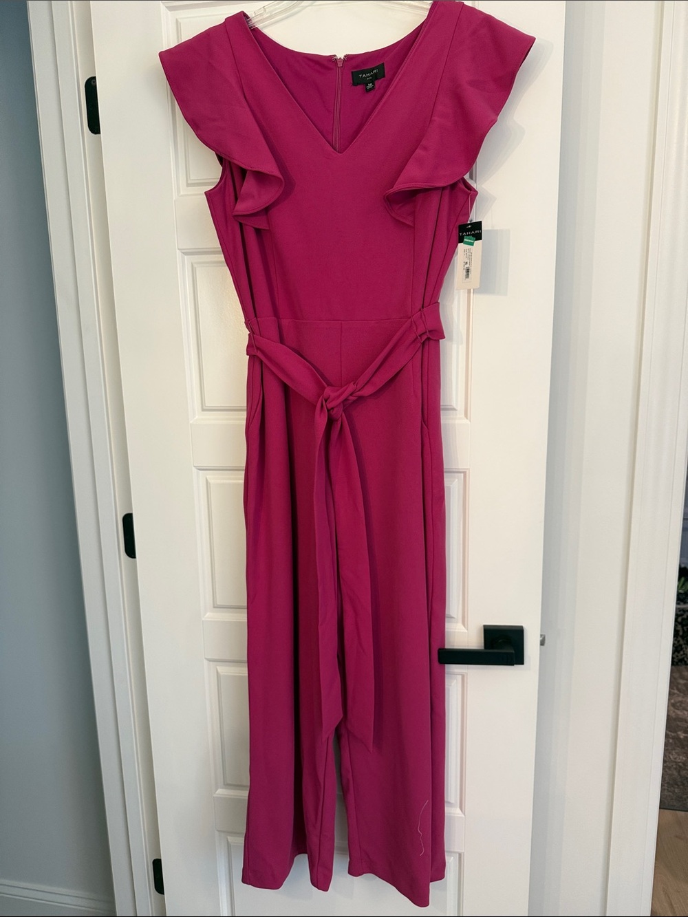 Tahari ASL Fuchsia Ruffle-Sleeve Maxi Jumpsuit with Tie Waist